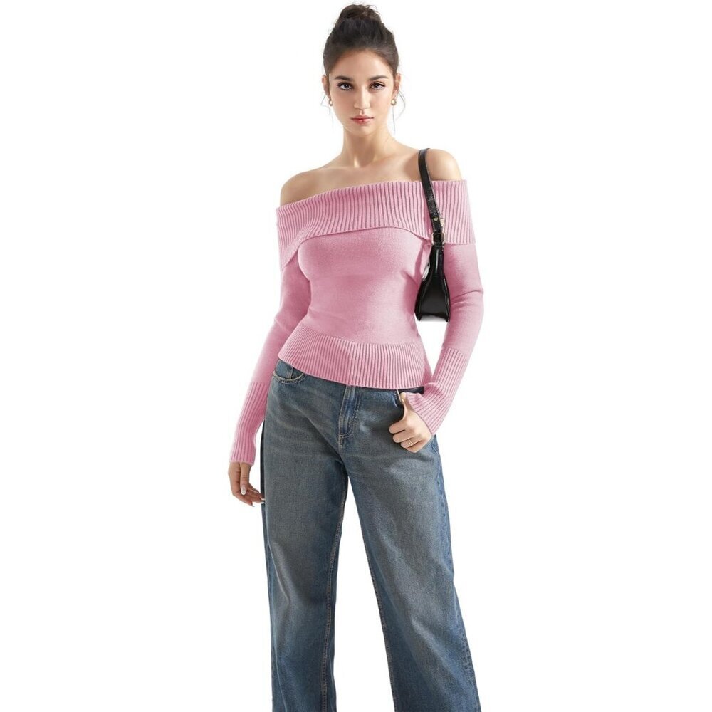Women Pink Off Shoulder Long Sleeve Tops Blouse Sweaters - Picture 3 of 7